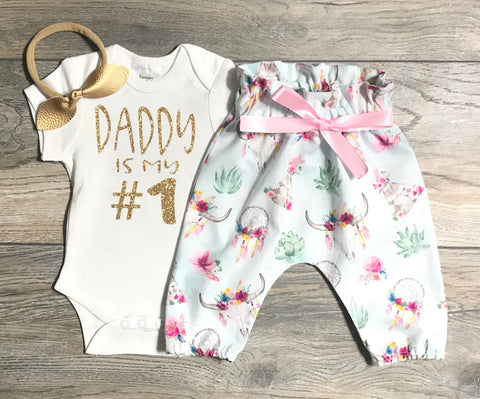 Image of Daddy Is My #1 Bodysuit - Outfit Girl + Boho Pants + Bow - Best Dad Outfit - Daddy Is My Number One Outfit - Baby Girl Set - Dad/Father