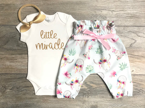 Image of Little Miracle Newborn / Preemie Outfit - Coming Home Hospital Set - Bodysuit + Boho High Waisted Pants + Bow - Take Home Outfit Baby Girls