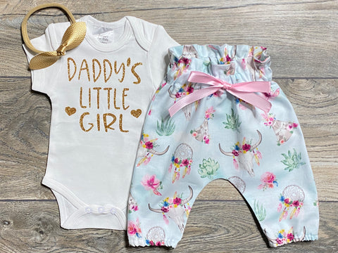 Image of Daddy's Little Girl Outfit Baby Girl - Bodysuit + High Waisted Floral Boho Pants + Bow - Best Dad Set - Daddy Girl Outfit - Father/Proud Dad