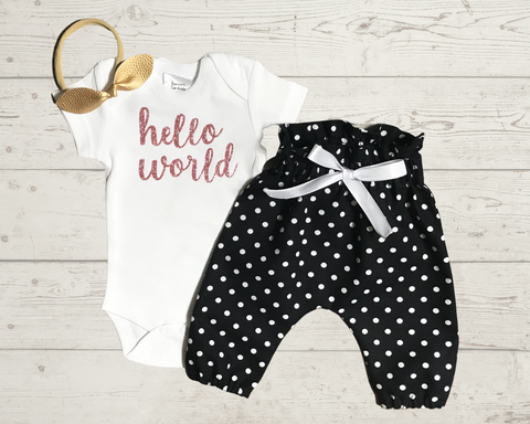 Image of Hello World Newborn Take Home Outfit - Gold Glitter Bodysuit + Black White Polka Dots Pants + Bow / Headband - Baby Girl Outfit - Preemie