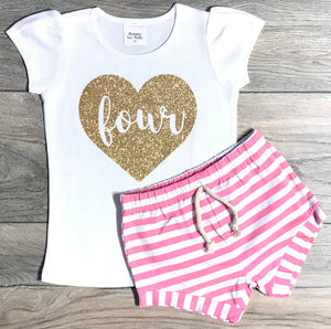 Four In Heart 4th Birthday Outfit For Girls - White Short Puff Sleeve Shirt + Pink Striped Shorts 4 Year Old - Fourth Birthday Outfit Girl
