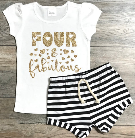 Image of Four & Fabulous 4th Birthday Outfit For Girls - Gold Glitter Top + Black Striped Shorts - Short Puff Sleeve Shirt + Shorts 4 Year Old