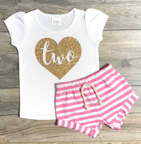Image of Two In Heart 2nd Birthday Outfit For Girls - Gold Glitter White Puff Short Sleeve T-Shirt + Pink Striped Shorts- Second Birthday Outfit Girl