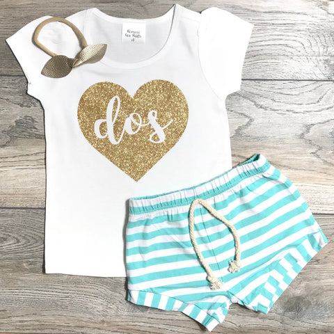 Image of Dos - 2 Year Old - Second Birthday Outfit Girl - Dos In Heart Outfit + Mint Striped Shorts + Gold Bow / Headband - Spanish Birthday Outfit