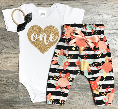 Image of First Birthday Outfit Baby Girl - ONE In Heart 1st Birthday Outfit - Gold Glitter Bodysuit +Black Striped Floral Pants+ Black Bow 1 Year Old
