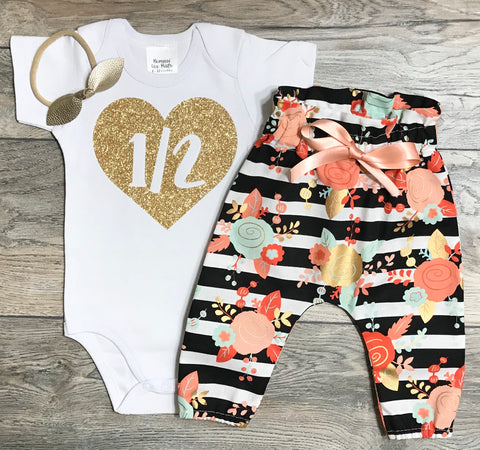 Image of 1/2 In Heart Half Birthday Outfit - Gold GlitterBodysuit + Black Striped Floral Pants + Gold Bow / Headband
