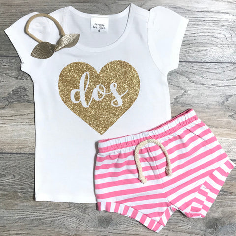 Image of 2nd Birthday Outfit Dos In Heart - Second Birthday Outfit Girl - Gold Glitter Short Puff Sleeve T-Shirt + Pink Striped Shorts + Gold Bow
