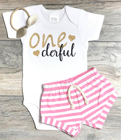 Image of First Birthday Outfit Baby Girl - 1st Birthday One Derful Bodysuit + Pink Striped Shorts + Gold Bow / Headband - Bday Outfit 1 Year Old
