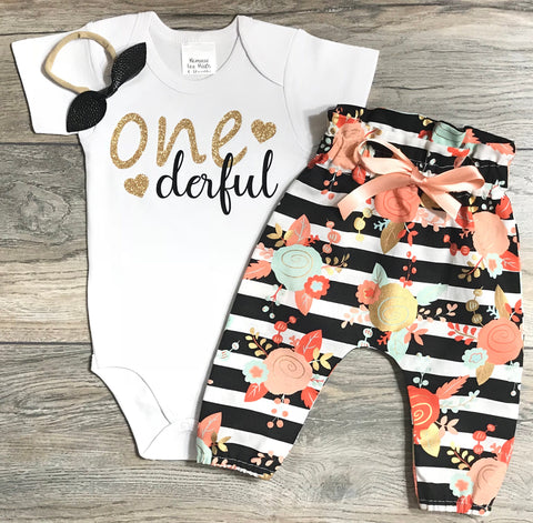 Image of One Derful First Birthday Outfit - Bodysuit + Black Striped High Waisted Floral Pants + Black Bow / Headband - 1st Birthday Outfit Baby Girl