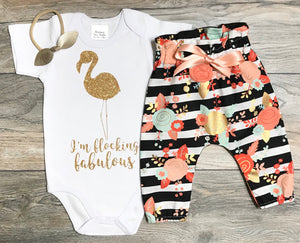I'm Flocking Fabulous Flamingo Outfit - Gold Glitter Bodysuit + Black Striped High Waisted Floral Pants + Gold Bow / Headband For Baby Girl