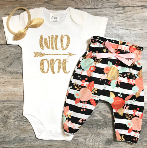 Image of First Birthday Outfit Girl - Wild One 1st Birthday Outfit - Gold Glitter Bodysuit + Black Striped Floral Pants + Gold Bow - Cake Smash Girl