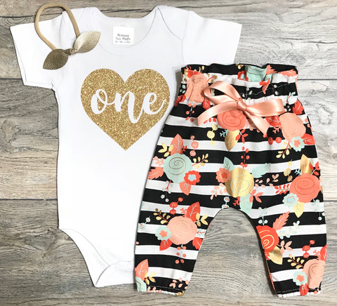 Image of First Birthday Outfit Baby Girl - ONE In Heart 1st Birthday Outfit - Gold Glitter Bodysuit + Black Striped Floral Pants +Gold Bow 1 Year Old