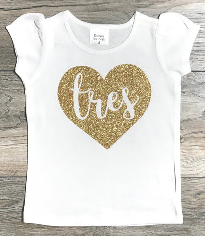 Image of 3rd Birthday Outfit Girl - Tres In Heart B-Day Outfit Girls - Gold Glitter Short Puff Sleeve T-Shirt 3 Year Old Girl- Happy Spanish Birthday