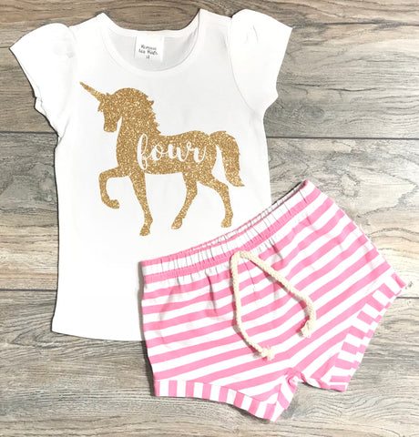 Image of Unicorn 4th Birthday Outfit Girls - Gold Unicorn Four Short Puff Sleeve T-Shirt + Pink Striped Shorts - Birthday Outfit 4 Year Old Girl