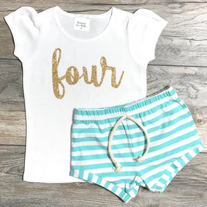 4th Birthday Outfit Girls - Four Cursive Gold Glitter Top + Mint Striped Shorts 4 Year Old Girl - Fourth Birthday Outfit-Toddler Girl Outfit