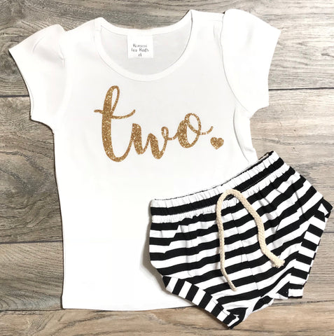 Image of Birthday Outfit 2 Year Old - Two Cursive 2nd Birthday Short Puff Sleeve Top + Black Striped Shorts + Bow - Second Birthday Outfit Baby Girl