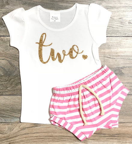 Image of Birthday Girl Outfit 2 Year Old - Gold Glitter Two 2nd Birthday Short Puff Sleeve Shirt + Pink Striped Shorts - Birthday T-Shirt Baby Girl