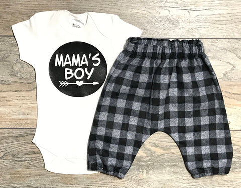 Image of Baby Boy Outfit Mama's Boy - Newborn / Baby Outfit Bodysuit + Gray / Black Checkered Pants - Boys Coming Home / Take Home / Hospital Outfit