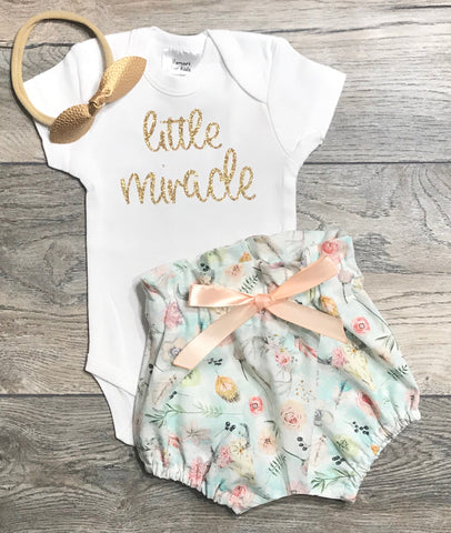 Image of Little Miracle Newborn / Preemie Outfit - Coming Home Hospital Set - Bodysuit + Boho Bloomers + Bow - Take Home Outfit Baby Girl Premature