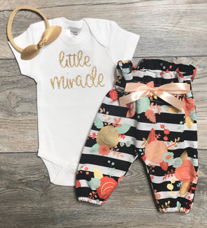 Little Miracle Newborn / Preemie Outfit - Coming Home Hospital Set - Bodysuit + Black Striped High Waist Pants + Bow - Take Home Outfit Baby