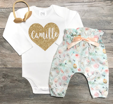 Image of Newborn Coming Home / Birthday Or Everyday Outfit Name In Heart Custom Bodysuit + High Waist Boho Pants + Bow - Photo Shoot - Smash Cake Set