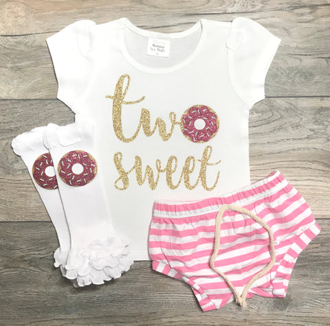 Image of Two Sweet Donut Outfit 2 Year Old - 2nd Birthday Outfit - Short Puff Sleeve T-Shirt + Pink Striped Shorts + Legwarmers + Bow - Second B-Day