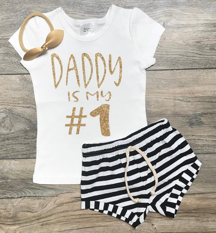 Image of Daddy Is My #1 Outfit - Outfit Girl - Number One Dad - Puff Sleeve Shirt + Pink / Black / Mint Striped Shorts + Bow - Set Girl Dad / Father