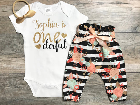 Image of First Birthday Outfit Baby Girl - One Derful Custom Bodysuit + Name + Black Striped High Waisted Pants + Bow - 1st Birthday Cake Smash Set