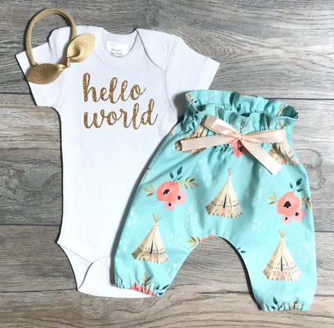 Image of Hello World Newborn Take Home Outfit Baby Girl - Coming Home Set Bodysuit + High Waisted Teepee Pants + Bow - Photo Shoot / Hospital Outfit