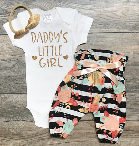 Image of Daddy's Little Girl Outfit Baby Girl - Bodysuit + High Waisted Black Striped Pants + Bow - Photo Shoot - Best Dad Daddy Present Dad / Father