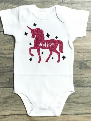 Custom Unicorn Bodysuit Baby Girl - Customize Your Outfit - Gold + Black Glitter Sparkly Unicorn With Name - Personalized Girls Bodysuit