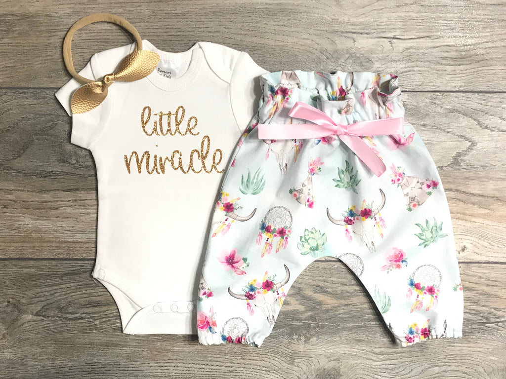 Little Miracle Newborn / Preemie Outfit - Coming Home Hospital Set - Bodysuit + Boho High Waisted Pants + Bow - Take Home Outfit Baby Girls