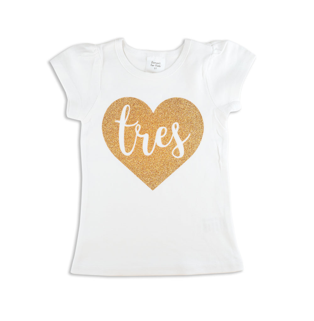 3rd Birthday Spanish Shirt Outfit Tres In Heart - Gold Glitter Top + Black Striped Shorts - Birthday Outfit 3 Year Old Girl - 3 rd Birthday T-Shirt