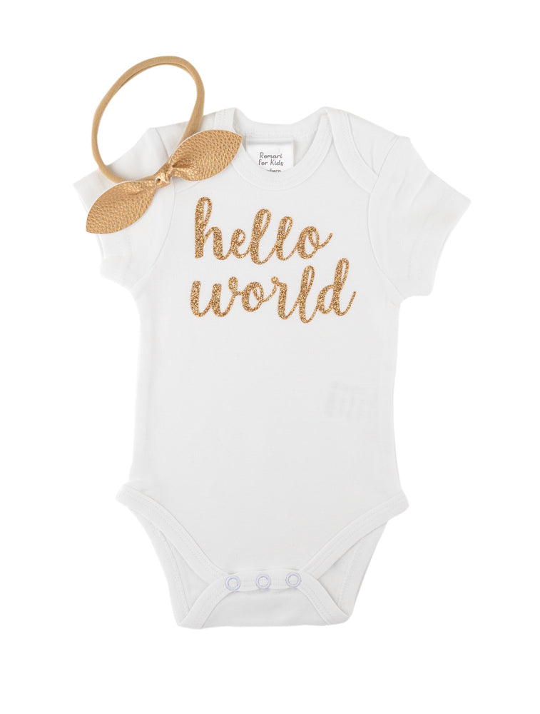 Hello World Newborn Take Home Outfit - Gold Glitter Bodysuit + Black White Polka Dots Pants + Bow / Headband - Baby Girl Outfit - Preemie
