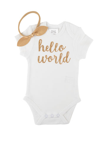 Image of Hello World Newborn Take Home Outfit - Gold Glitter Bodysuit + Black White Polka Dots Pants + Bow / Headband - Baby Girl Outfit - Preemie