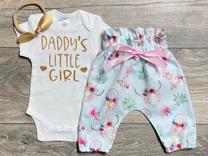Daddy's Little Girl Outfit Baby Girl - Bodysuit + High Waisted Floral Boho Pants + Bow - Best Dad Set - Daddy Girl Outfit - Father/Proud Dad