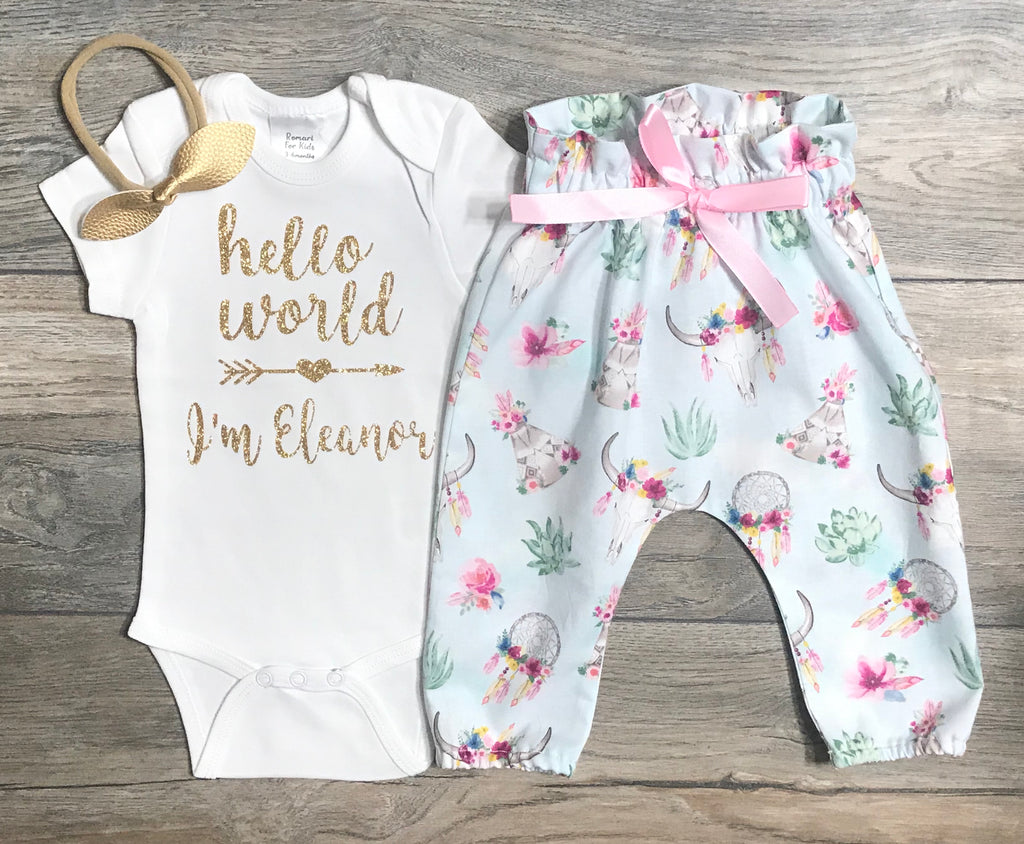 Hello World Custom Newborn Take Home Outfit - Bodysuit + High Waisted Floral Boho Bull Skull Pants + Gold Bow - Newborn Baby Girl Outfit