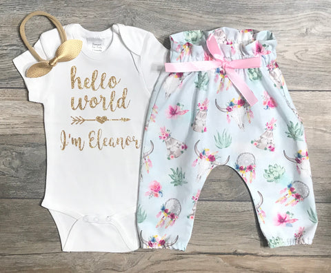 Image of Hello World Custom Newborn Take Home Outfit - Bodysuit + High Waisted Floral Boho Bull Skull Pants + Gold Bow - Newborn Baby Girl Outfit