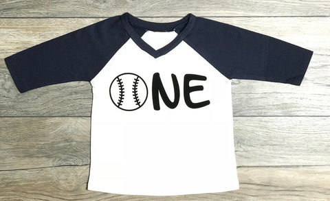 Image of Baseball ONE 1st Birthday Outfit - 3/4 Sleeve Navy Blue Raglan Shirt For First Birthday