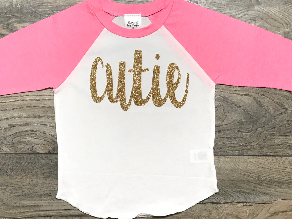 Cutie Pink 3/4 sleeve Baseball Raglan Shirt - Cute Outfit Gold Glitter - Toddler Outfit