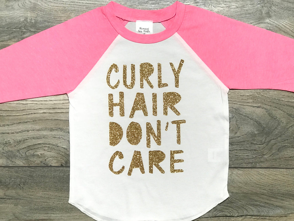 Curly Hair Don't Care Pink Baseball Raglan 3/4 Sleeve Shirt -  Gold Glitter Toddler Girl T-Shirt