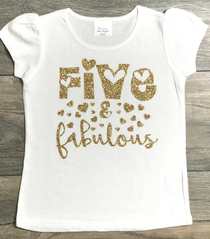 Five & Fabulous 5th Birthday Outfit For Girls - White Puff Short Sleeve T-Shirt Fifth Birthday - Shirt For 5 Year Old Girl