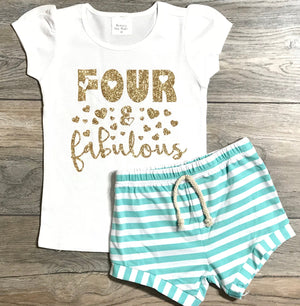 Four & Fabulous 4th Birthday Outfit For Girls - Fourth B-Day Short Puff Gold Glitter Top + Mint Striped Shorts - T-Shirt + Shorts 4 Year Old
