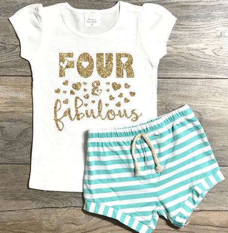 Image of Four & Fabulous 4th Birthday Outfit For Girls - Fourth B-Day Short Puff Gold Glitter Top + Mint Striped Shorts - T-Shirt + Shorts 4 Year Old
