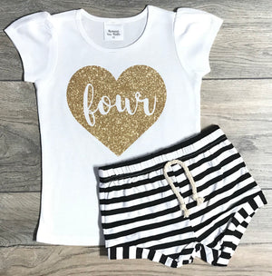 Four In Heart 4th Birthday Outfit For Girls - White Short Puff Sleeve Shirt Gold Glitter + Black Striped Shorts 4 Year Old - Fourth B-Day