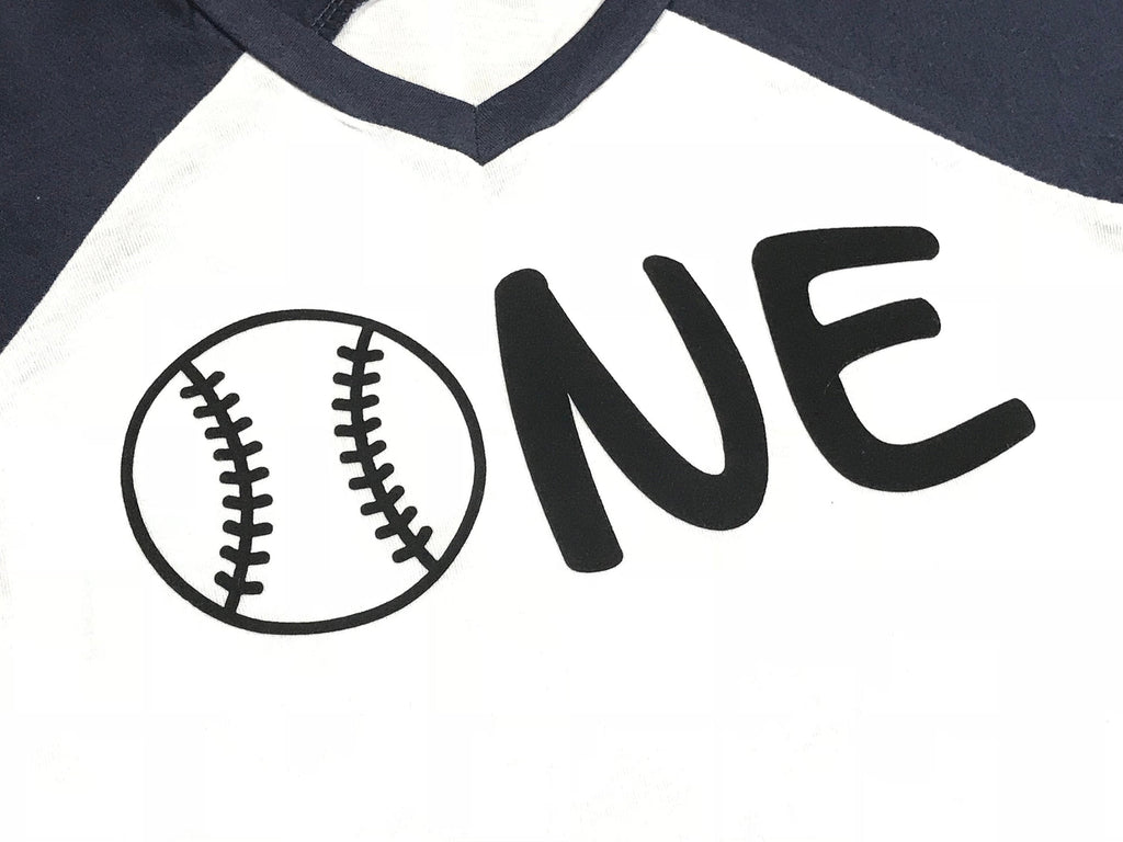 Baseball ONE 1st Birthday Outfit - 3/4 Sleeve Navy Blue Raglan Shirt For First Birthday