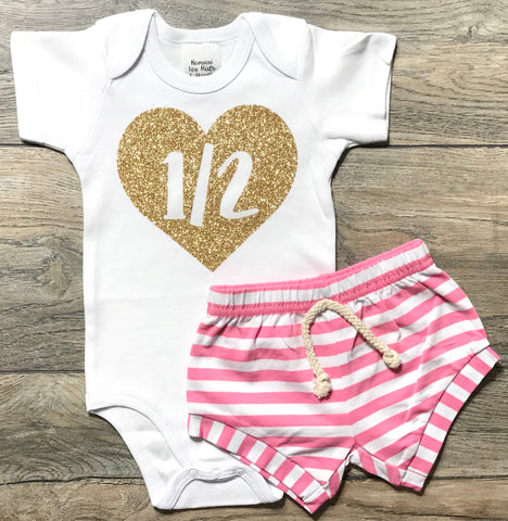 Image of 1/2 In Heart Half Birthday Outfit For Girls - Gold Glitter Bodysuit + Pink Striped Shorts + Headband / Bow Baby Girl