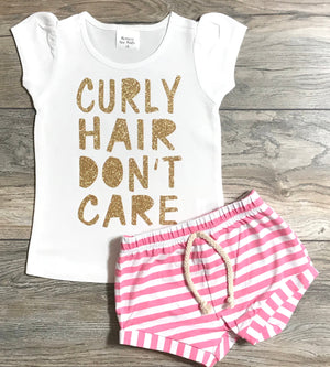 Curly Hair Don't Care Outfit For Girls - White Puff Short Sleeve T-Shirt + Pink Striped Shorts