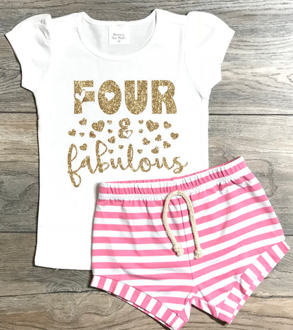 Image of Four & Fabulous 4th Birthday Outfit For Girls - Gold Glitter Short Puff Sleeve Shirt + Pink Striped Shorts - White Top + Shorts 4 Year Old