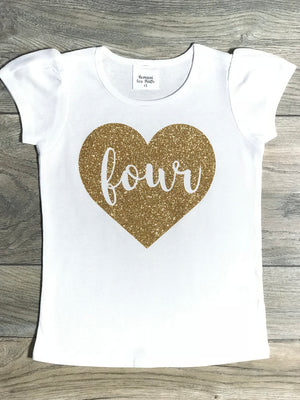 Four In Heart 4th Birthday Outfit For Girls - White Short Puff Sleeve Shirt Gold Glitter 4 Year Old